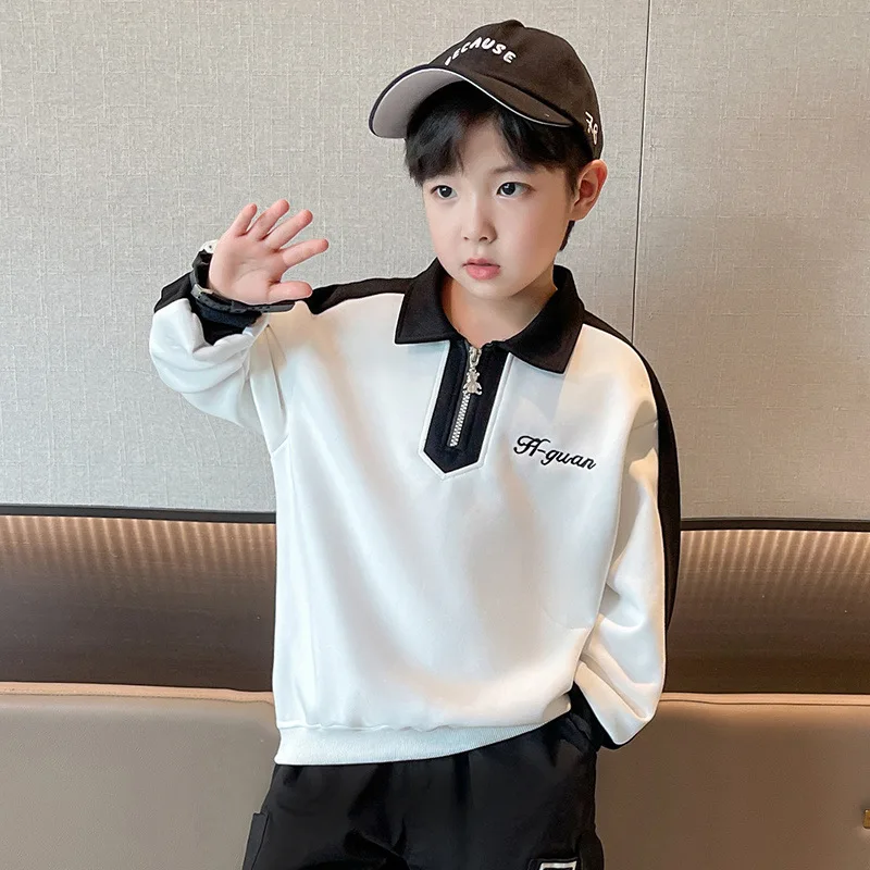 Korean Spring Autumn Children Boy Sport Shirt Teenager Boy Letter Printed Half Zip Long Sleeve Tops Junior Boy Pullover 4-12Yrs