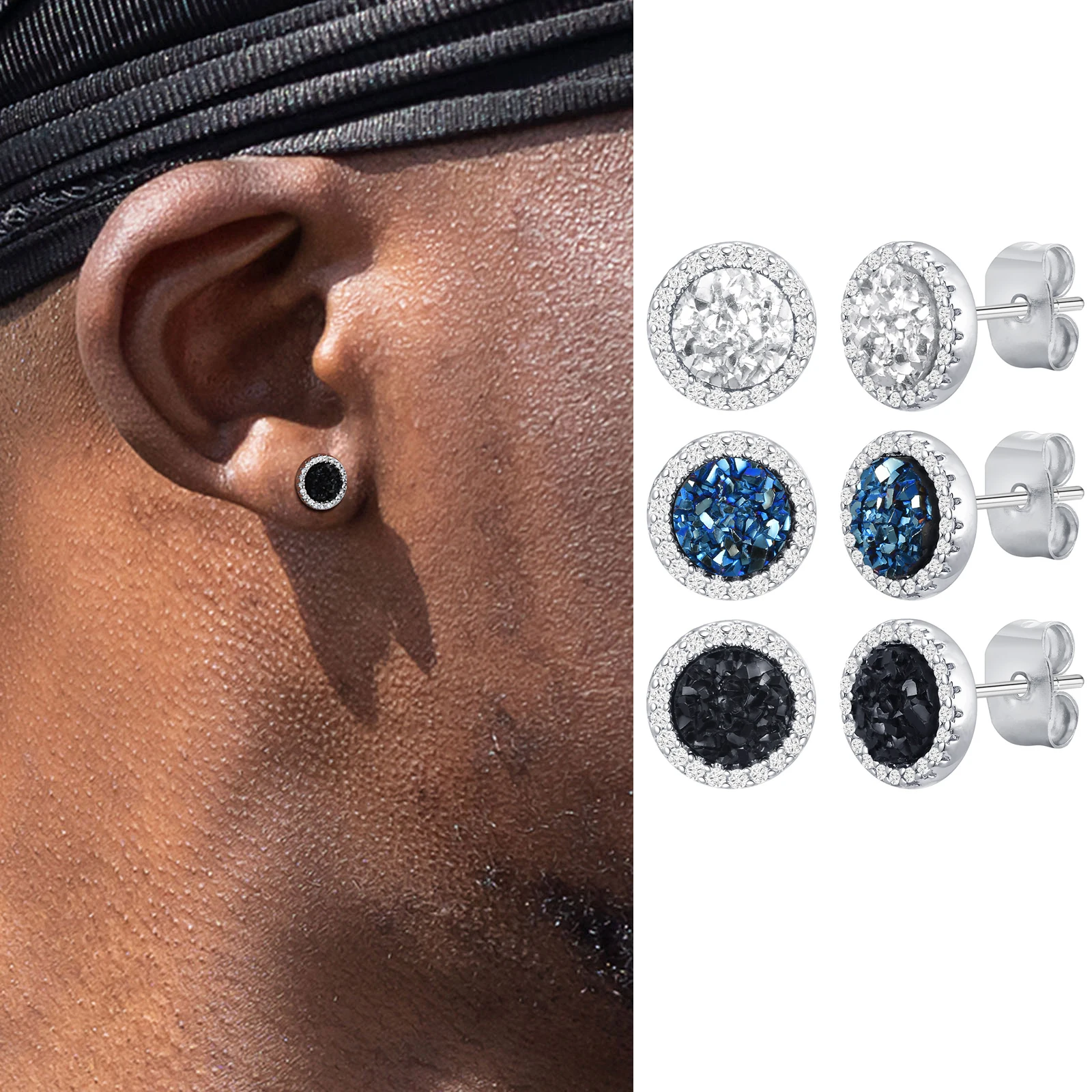 Shattered Zircon Stud Earrings for Men Boys,Anti Allergy Round Small Round Earrings,Minimalist Jewelry Gifts