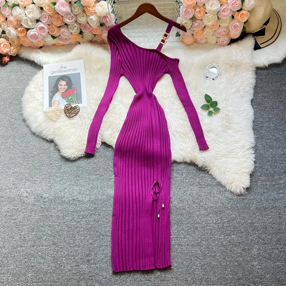 YuooMuoo シックなファッションセクシーなラップヒップスプリットニット秋ドレス女性スリム弾性巾着ボディコンロングドレスストリートレディ