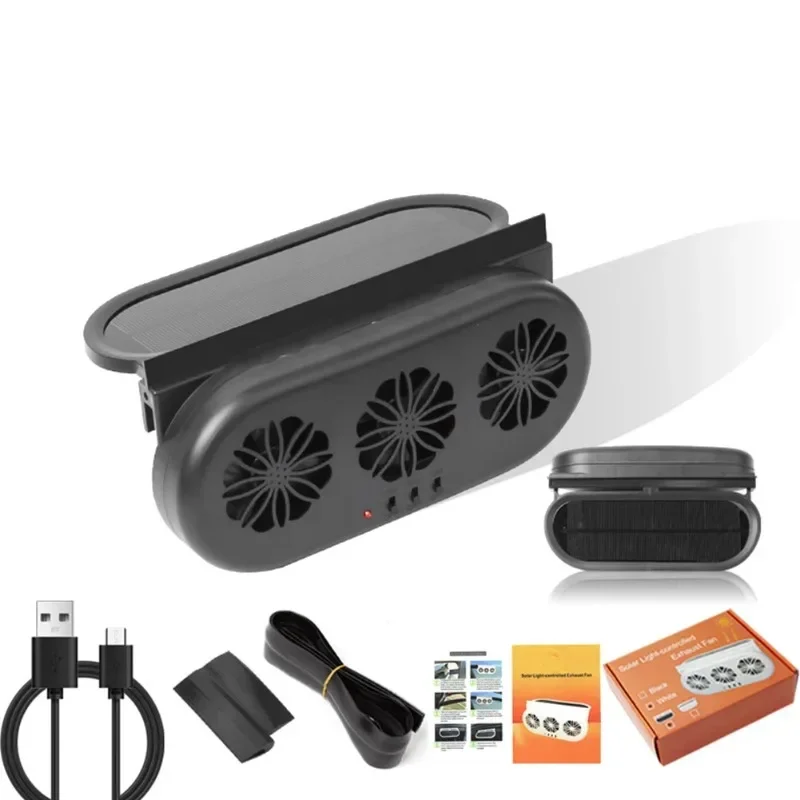 Extractor de aire de coche con energía Solar, ventilador de refrigeración de coche eléctrico de 3 cabezales, ventilador de ventana con carga USB, purificadores de asiento trasero delantero, radiador