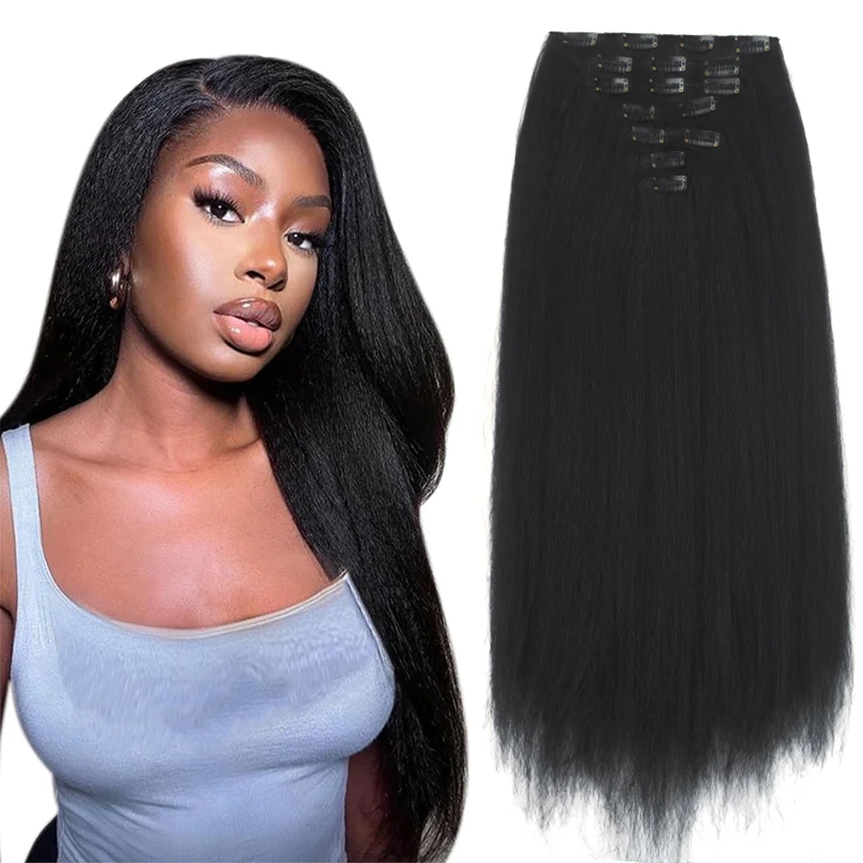 LUPU 7 PCS Synthetic Clip in Hair Extensions YAKI Straight Extensions for Black Women Long Layered Hair Extensions for Daily Use