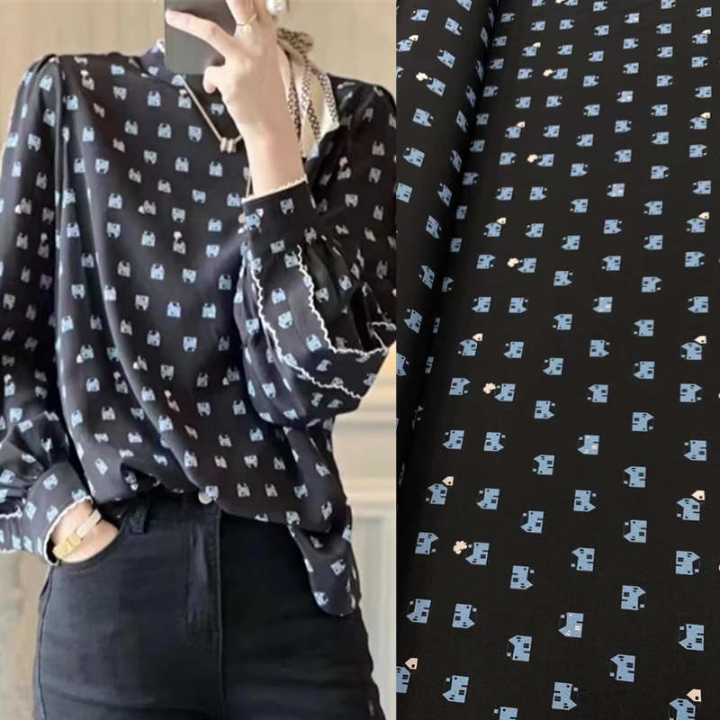 European and American New Black Bottom Blue House Printed Silk Crepe De Chine Fabric Elegant Shirt Dress Designer Logo Fabric