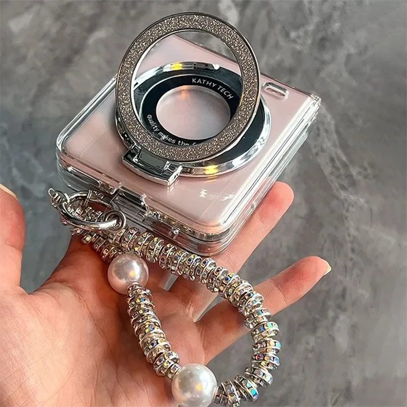 Clear Glitter Ring Stand Phone Case For Samsung Z Flip6 Z Flip5 /Honor Magic V Flip Xiaomi Mix Flip/OPPO N3 Flip Cover & Strap