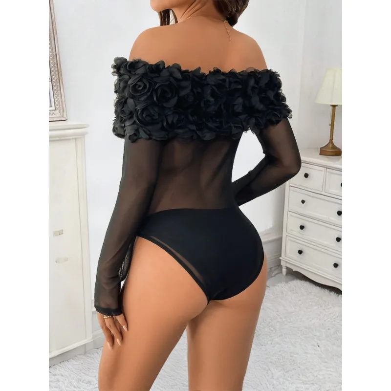 حفلة جديدة مثيرة شفافة شبكة خارج الكتف ثلاثي الأبعاد زهرة بلون ارتداءها #6