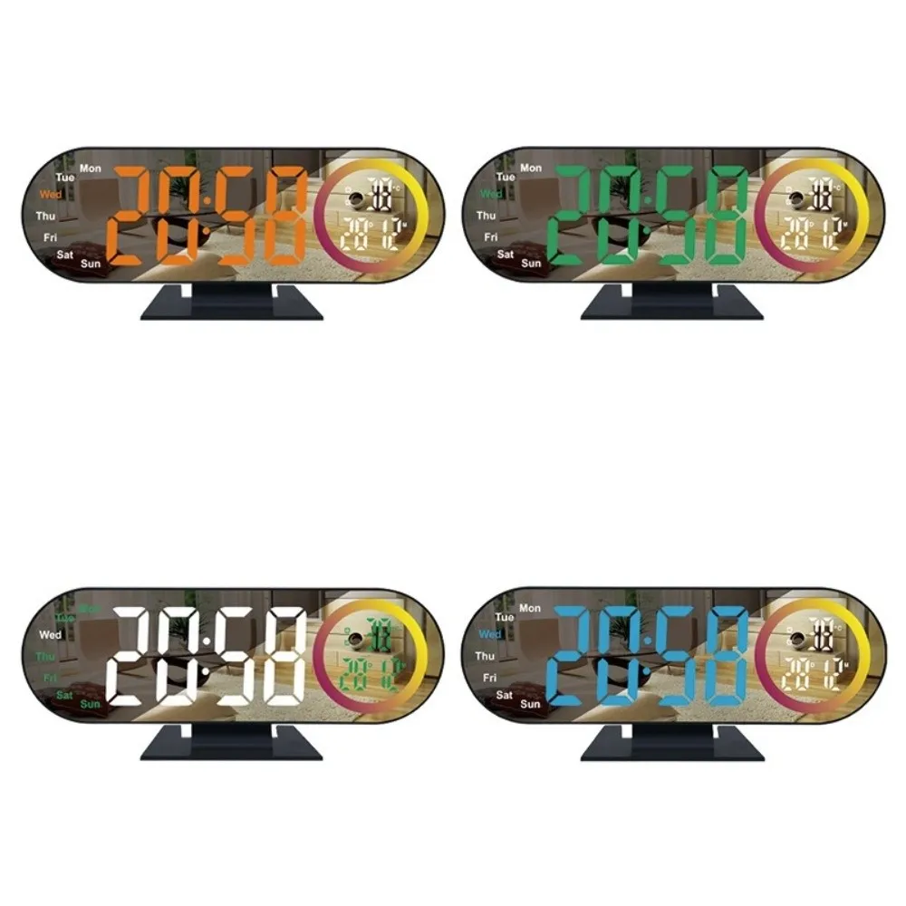 Brightness Adjustment Digital Alarm Clock Voice Control 12/24H Format LED Mirror Clock 2 Alarms with RGB Mood Light