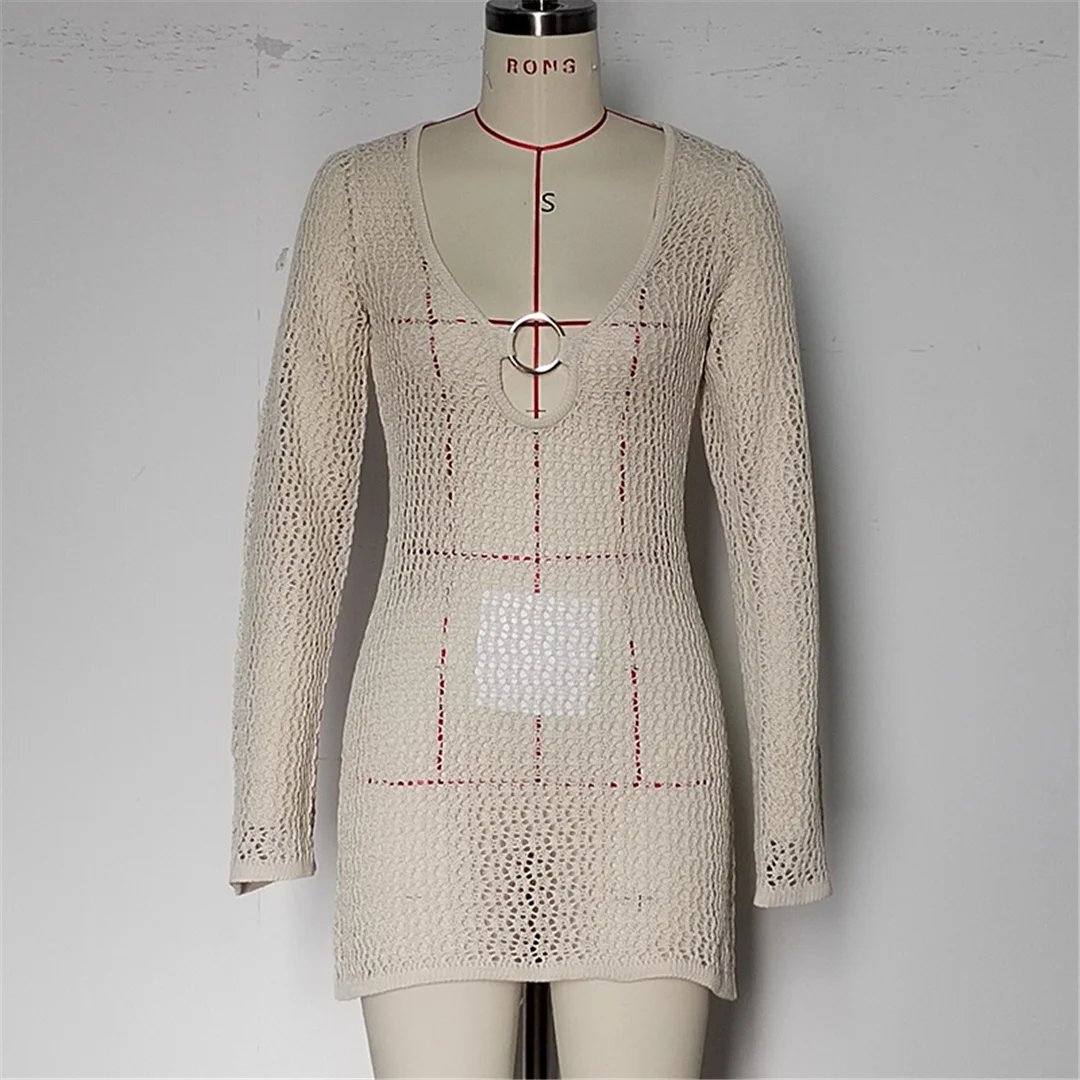 Langärmliges, ausgeschnittenes, gehäkeltes, gestricktes Tunika-Strandkleid, Strandkleidung, Strandbekleidung, Strand-Cover-up, Damen, V6552 – Detail 13
