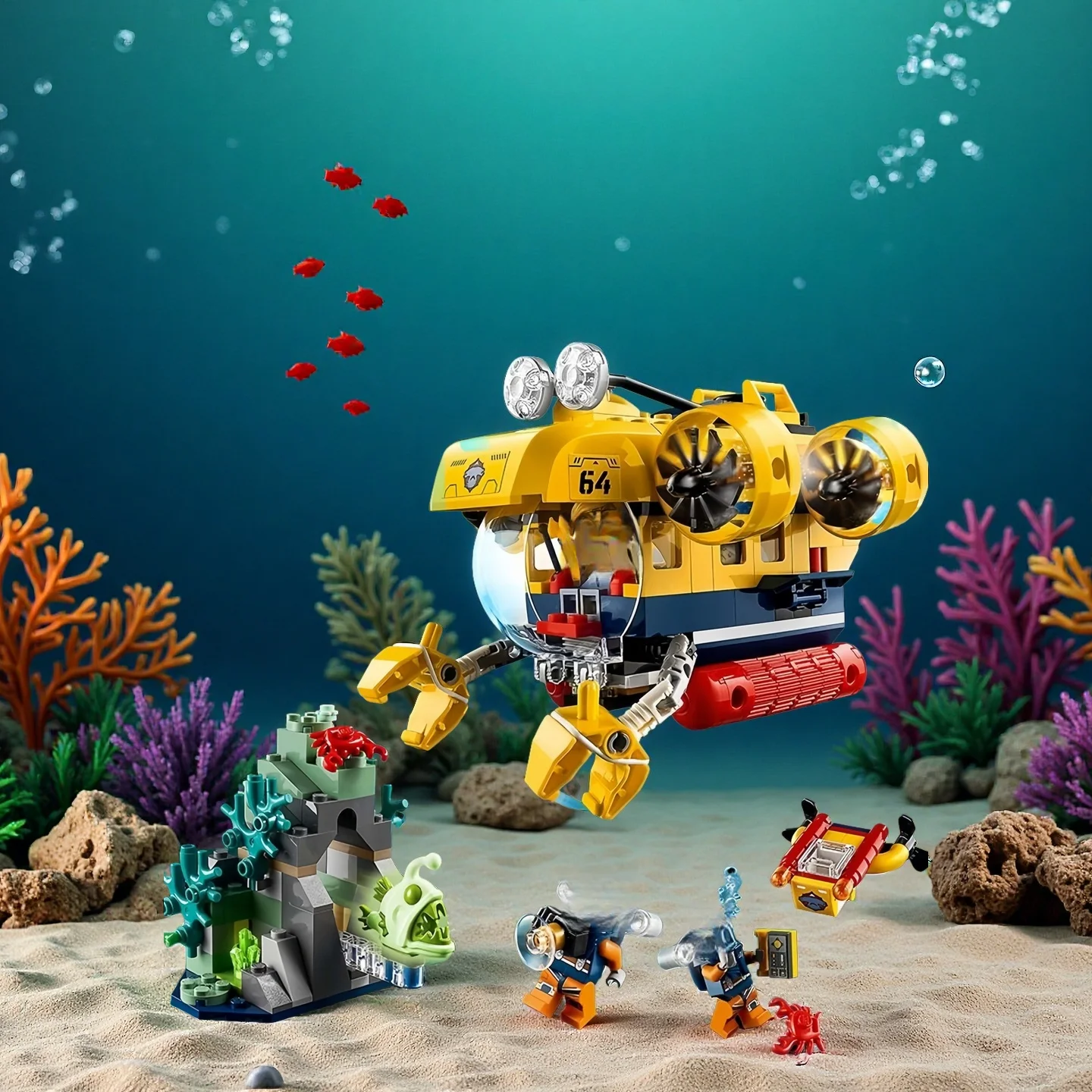 310 piezas de juguetes urbanos subacuáticos para niños: bloques de construcción MOC submarino de exploración oceánica, linterna, peces y más