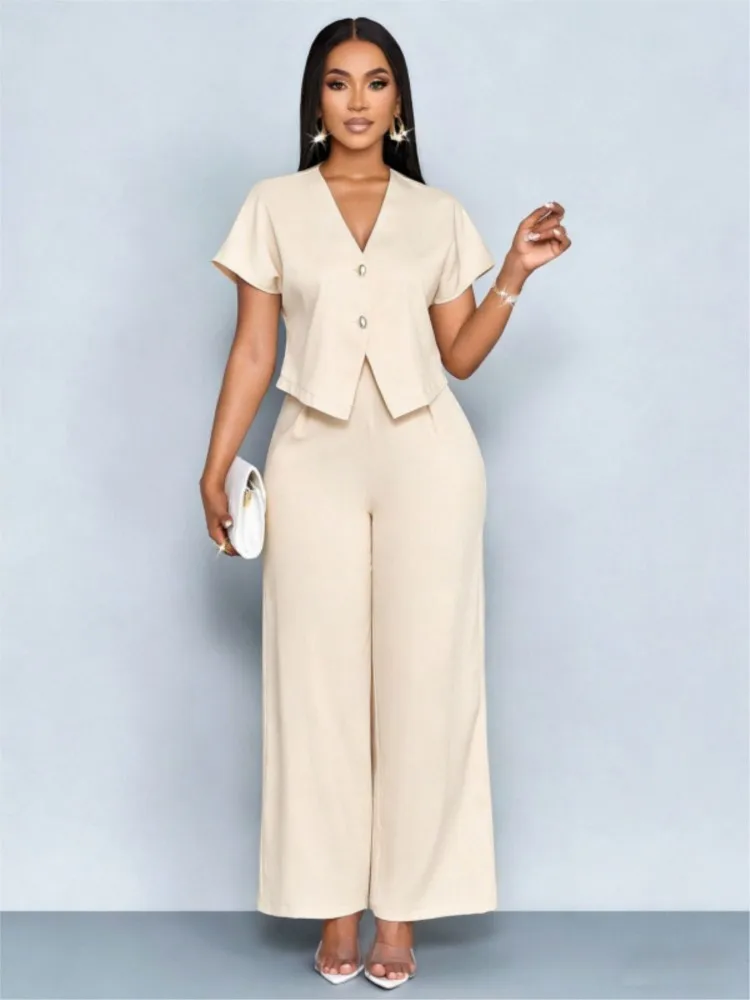 Summer Solid Casual Two Piece Sets Women V Neck Buttons Short Sleeve Short Top + Wide Leg Pants Set Business Office Outfits