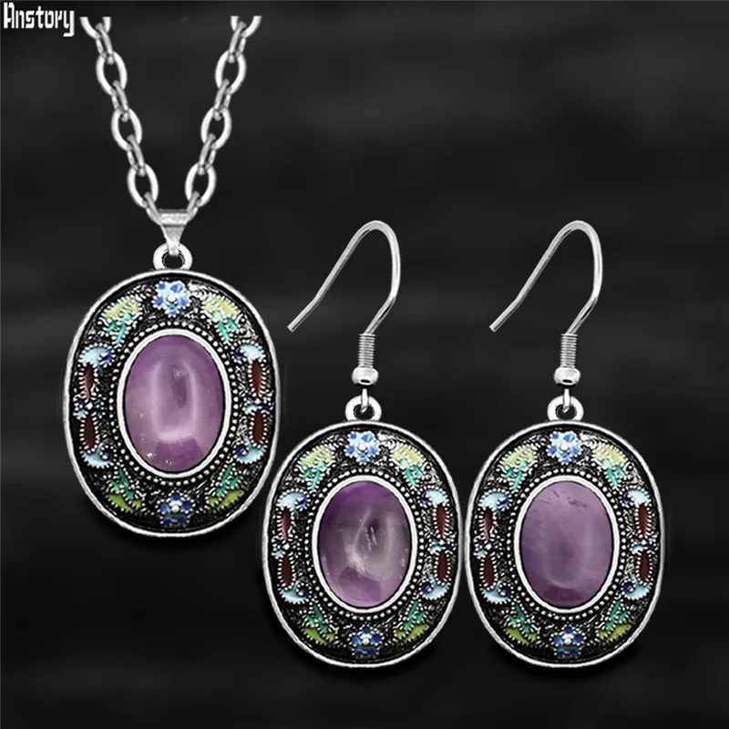 

Vintage Natural Stone Amethysts Sets For Women Real Silver Plated Painting Pendant Necklace Earring Fashion Jewelry
