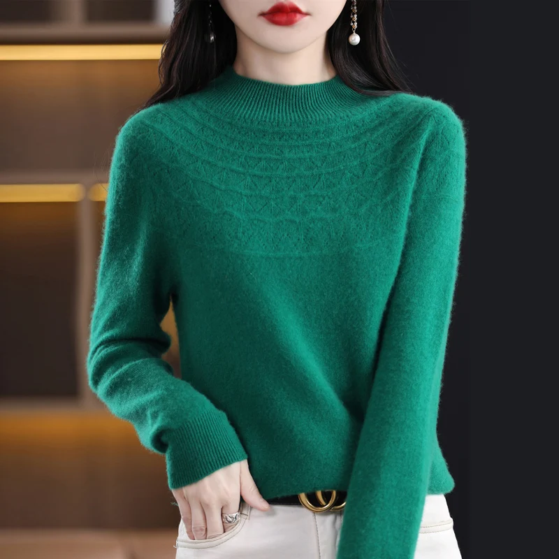 Women\'s Autumn And Winter First-line Half Height Knitted Sweater 100% Wool Sexy Hollow Out Versatile Top Fashion Pullover NJR