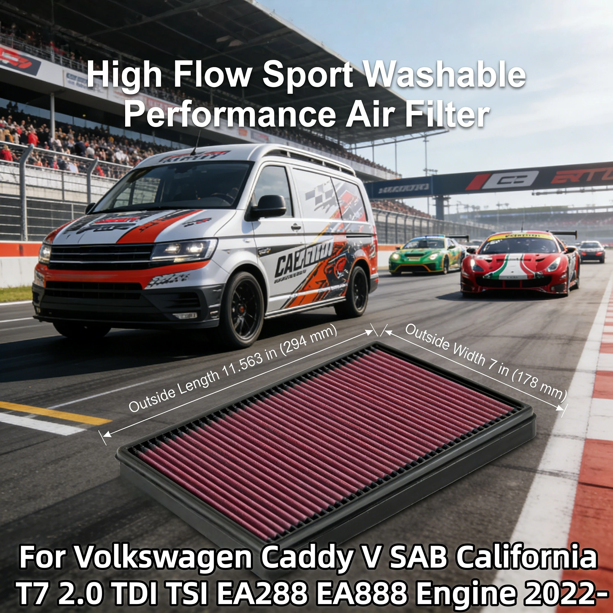 

Для Volkswagen Caddy V SAB California T7 2.0 TDI TSI EA288 EA888 (двигатель 2022 года) — Высокопроизводительный спортивный моющийся воздушный фильтр с увеличенным потоком