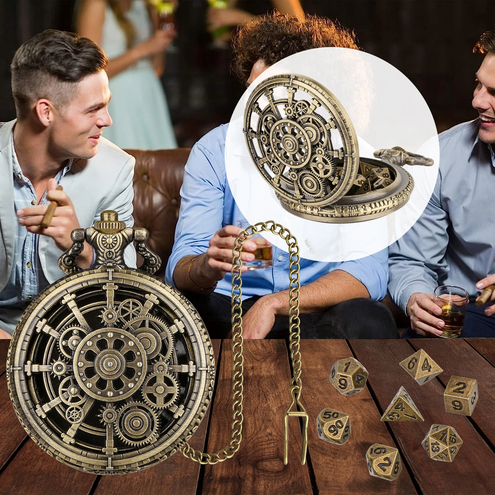 YISUYA Punk Gear Pocket Watch Case Dice Set, 7pcs Polyhedral Metal DND Dice, Roleplaying Board Game Accessories Party Gifts image 2