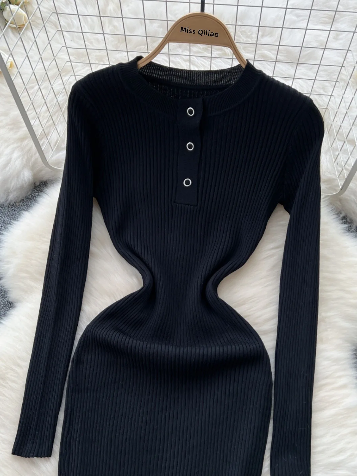 Bla tricoté coupe ajustée ronde Ne Dr coréen Sle rétro t-shirt bouton taille haute jupe trapèze pour les femmes automne Faion