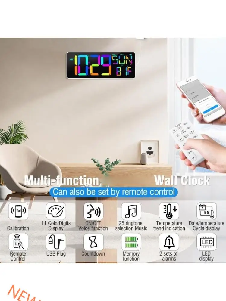 Multifunctional LED Digital Wall Clock 13inch with Remote Controls, Big Screen for Easy Viewing, Temperature and Date