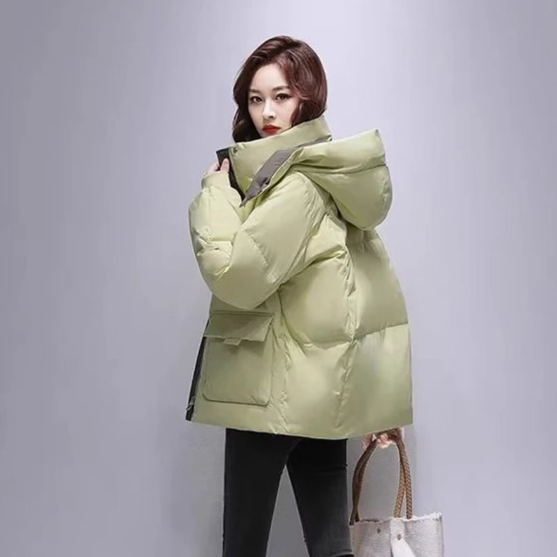 Women's Down Jacket Winter New Outerwears Color Clash Simple Casual Trendy Puffer Coats Thick Warm Hooded Short Down Coats