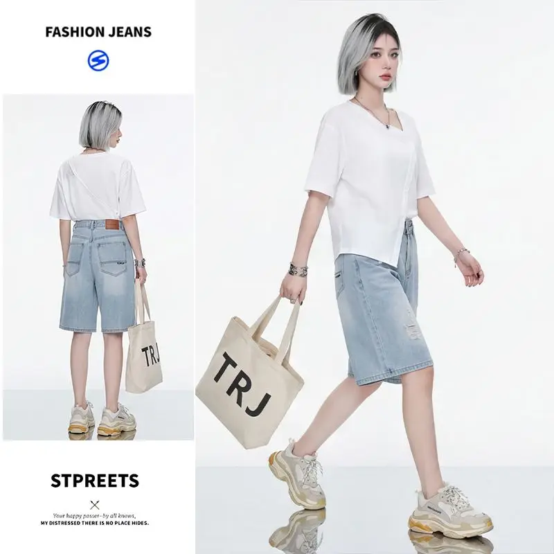 

Korean Vintage High Waist Women Jeans Y2K Loose Straight Baggy Denim Trousers Wide Leg Knee Length Oversized Summer Jorts Jeans