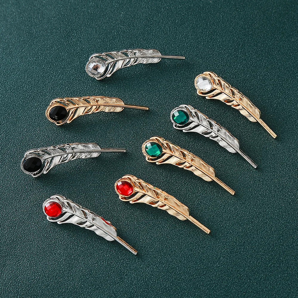 Vintage Metal Feather Brooch Men's Formal Suit Shirt Collar Rhinestone Lapel Pins Luxury Jewelry Badge Accessories