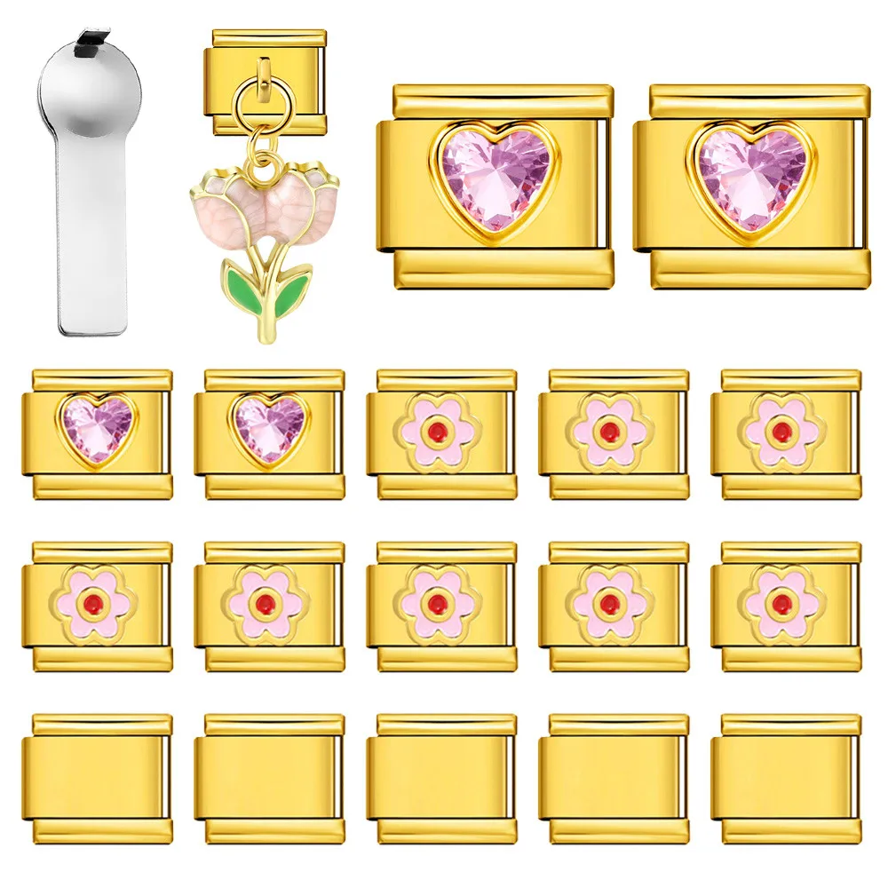 URING 9mm Italian Stainless Steel Bracelet Heart Flower Tool Combination Set 19pcs Pack DIY Charm Jewelry Valentine's Day Gifts