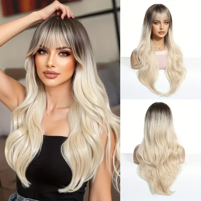 

HENRY MARGU Ombre Блондинка Волнистые Синтетические Парики для Женщин Длинный Волнистый Парик с Челкой Вечерние Волокна Лолиты Искусственные Волосы Термостойкие