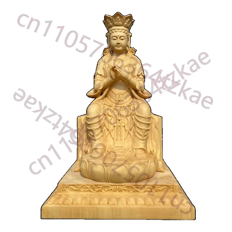 Hand Carved Hinoki Wood Tianguan Maitreya Buddha Statue Figurine Crowned Laughing Happy Buddha Ornament Home Temple Altar Decor
