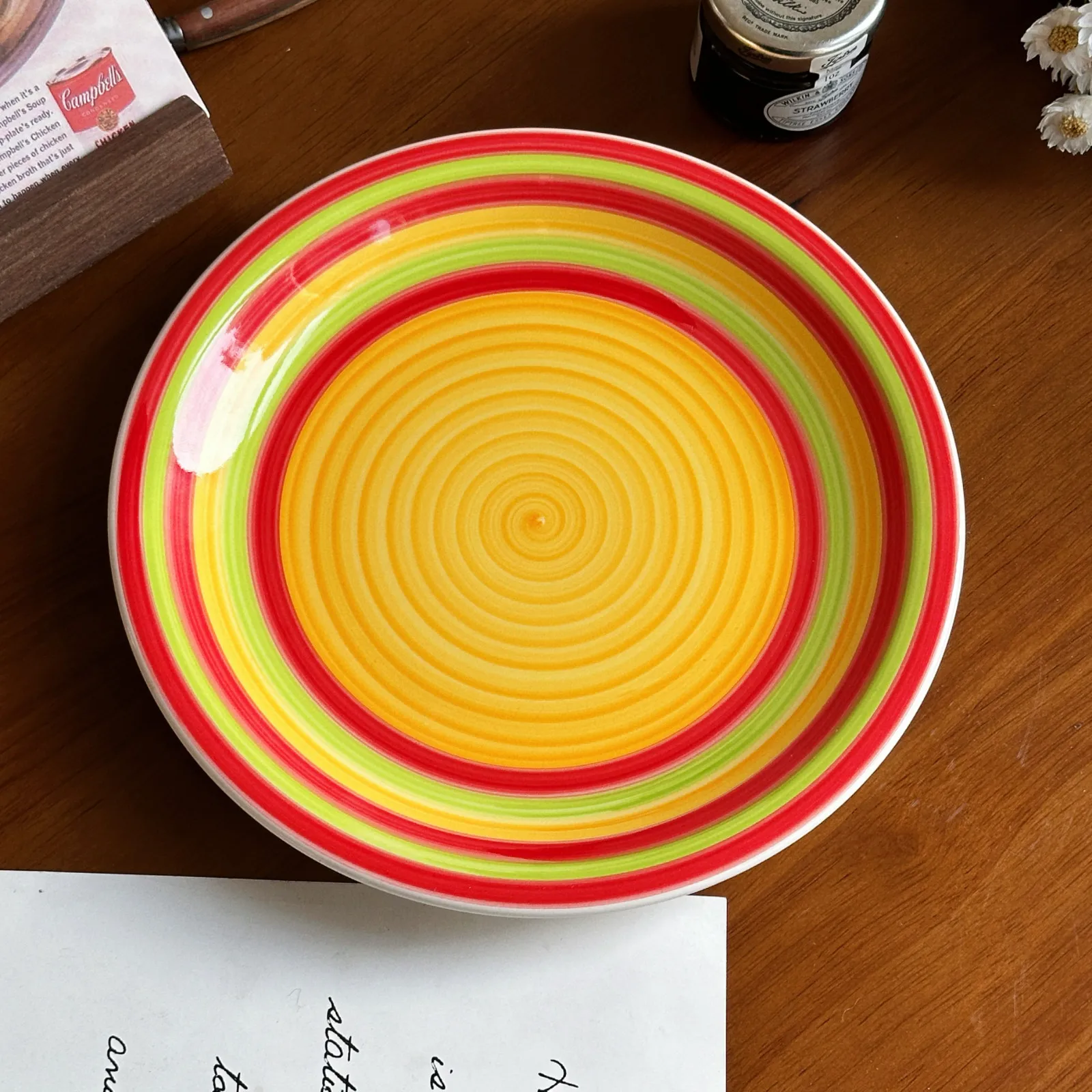 

Тарелка керамическая в стиле Ins, расписанная вручную, с разноцветными круговыми полосами, для послеобеденного чая и десертов, высококачественная кухонная утварь для дома