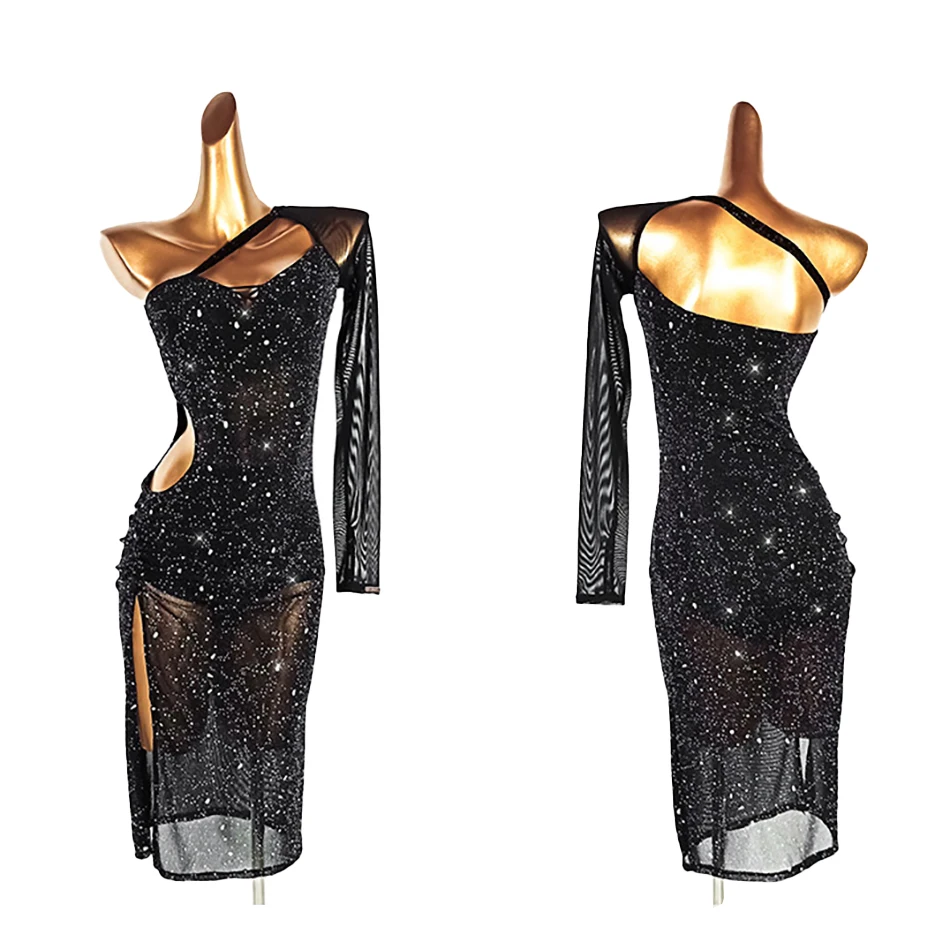

Black Mesh Patchwork Latin Dance Dress Sexy Backless Bling Stage Peformance Costume Ballroom Dance ChaCha Rumba Dancewear
