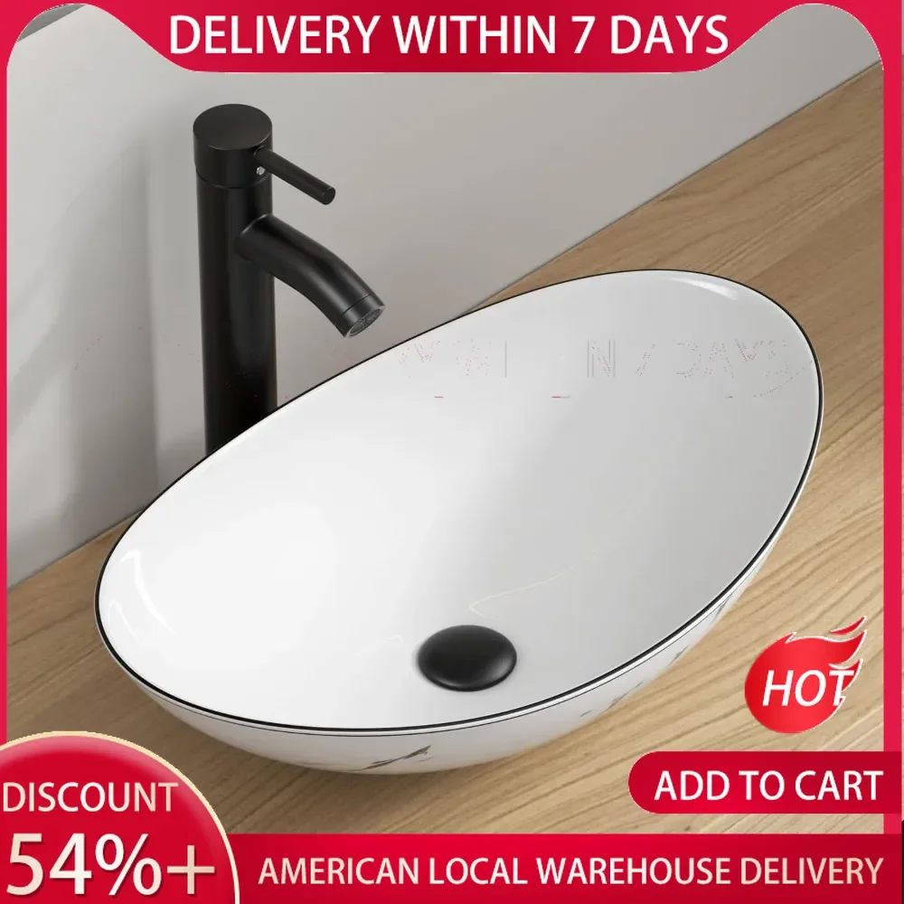 Countertop Sink Boat Shape Above Counter Porcelain Vessel Sink With Black Faucet and Pop Up Drain Combo Bathroom Furniture Home