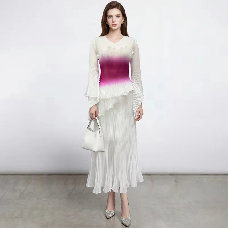 ANLAN New Miyaki Gradient Pleated Women's Dress V-neck Flare Long Sleeves Irregular Ruffled Edges Dresses 2026 New 7AN5071