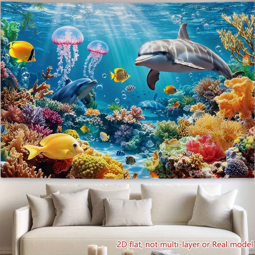 Ocean Life Tapestry - Dolphin and Coral Reef Wall Art Underwater Sea World Decor, Colorful Fish Hanging Polyester Multiple Sizes