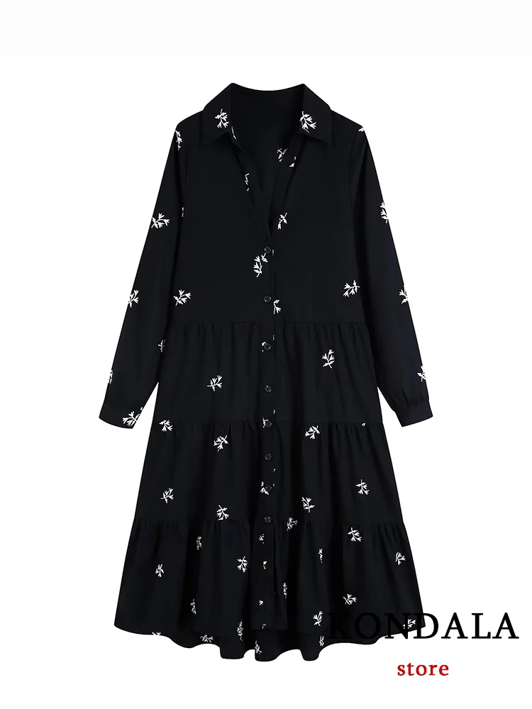 KONDALA Chic Casual Loose Embroidery Black Women Long Shirt Dress Fashion 2023 Summer Single Breast Long Sleeve Elegant Vestidos