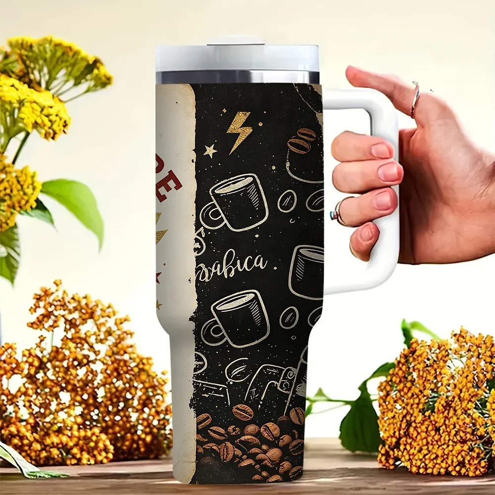 40Oz Tumbler with Handle, Death Before Decaf Coffee Themed Print, Perfect for Coffee Lovers, Suitable for Daily Use, Commuting, Camping, And Outdoor Travel, Works for Both Hot And Cold Drinks