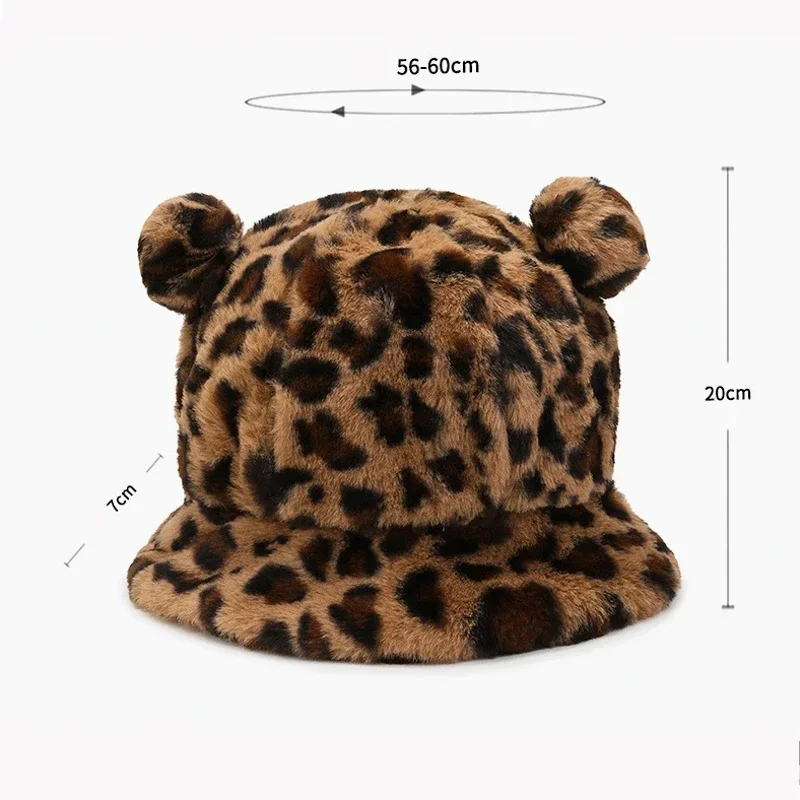 Fashion Autumn Winter Leopard Fur Bucket Hat Bear Ear Ball Plush Fisherman Hat Soft Warm Thick Basin Hat Protection Bucket Hats