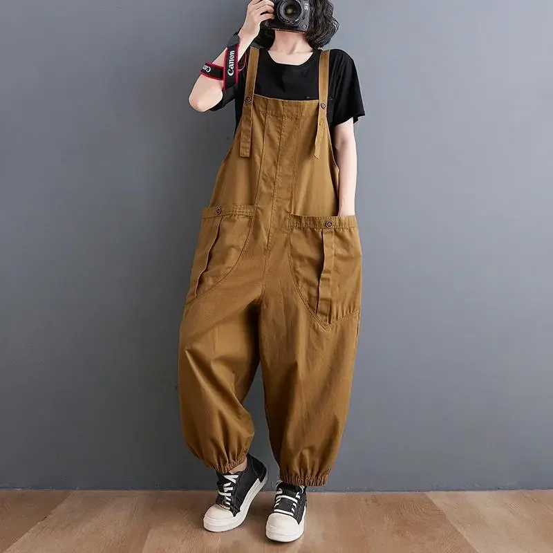 Salopette ample marron pour femmes, combinaison Cargo Baggy, pantalon à bretelles à manchette élastique