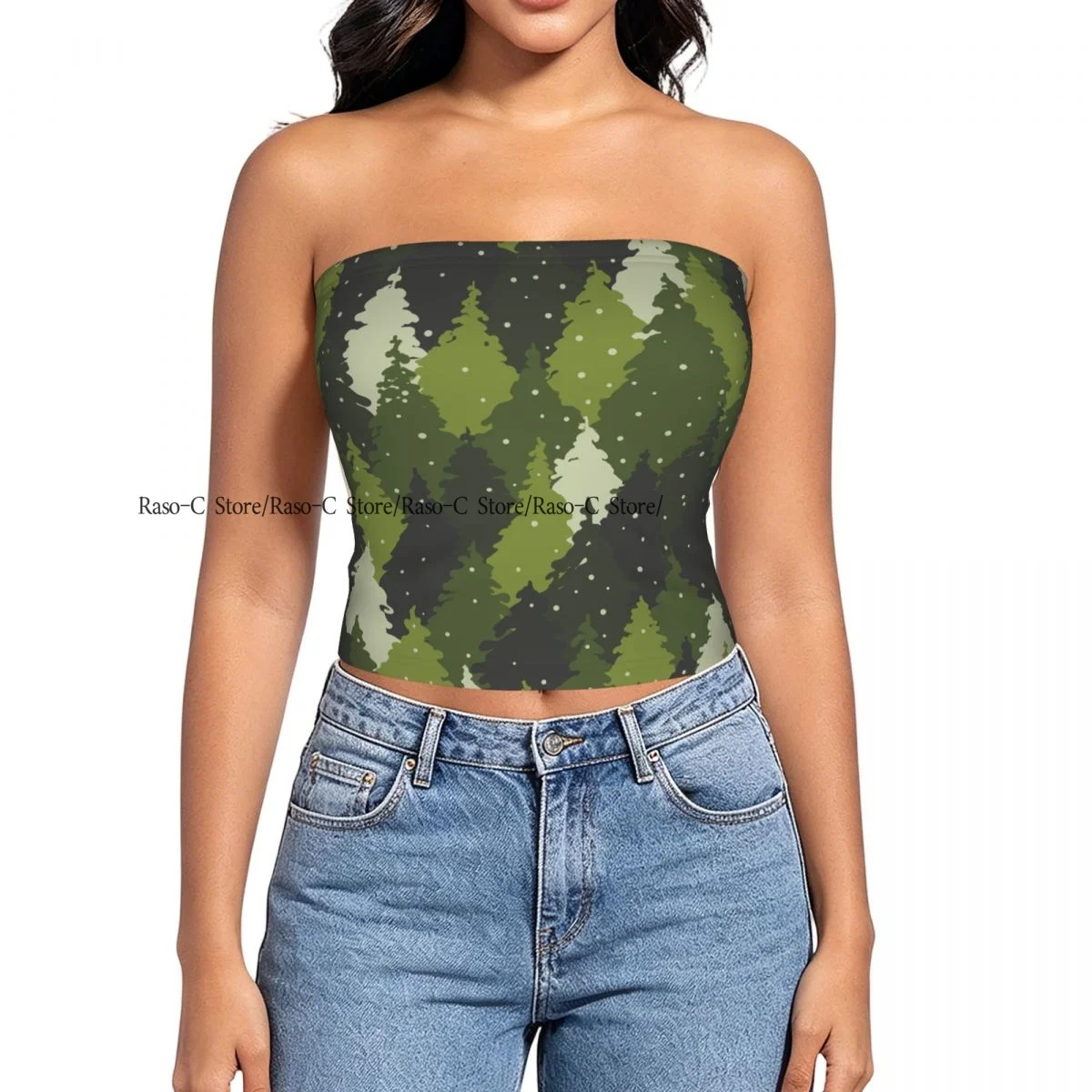 Women's strapless halter top Forest Landscape Camouflage summer sexy short-sleeved top