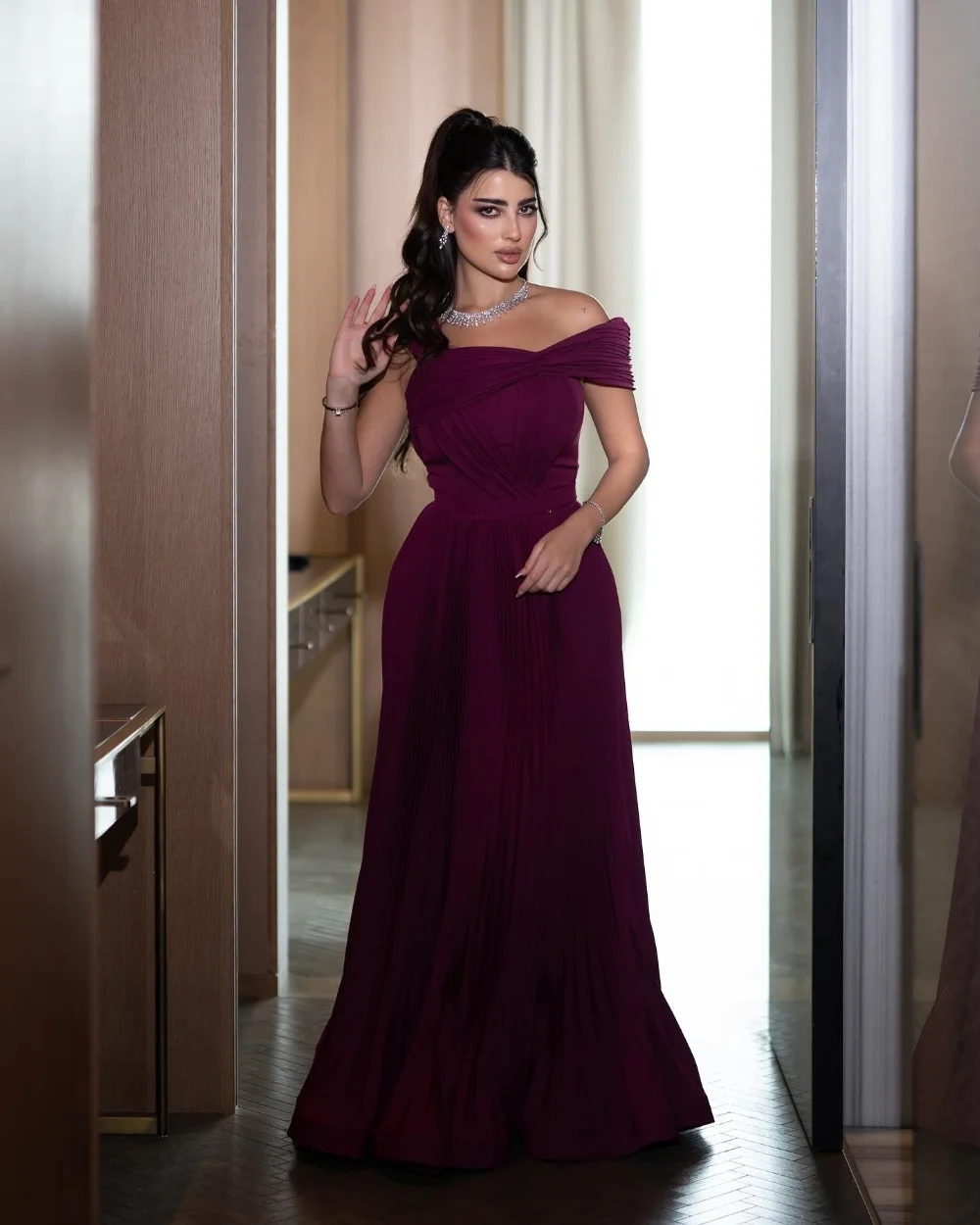 

Customized High Quality Classic Jersey Ruched A-line Off-the-shoulder Long Dresses Bespoke Occasion Dresses Fashion Intricate
