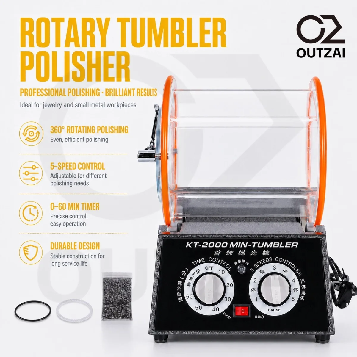 110V 5kg Rotary Tumbler Jewelry Drum Polishing Machine Surface Polisher Finisher 60W Mini Rock Tumbler Grinder With 5 Speed Control for Cleaning Deburring KT-2000 Tumbling Mini-Tumber Jewelry Polisher