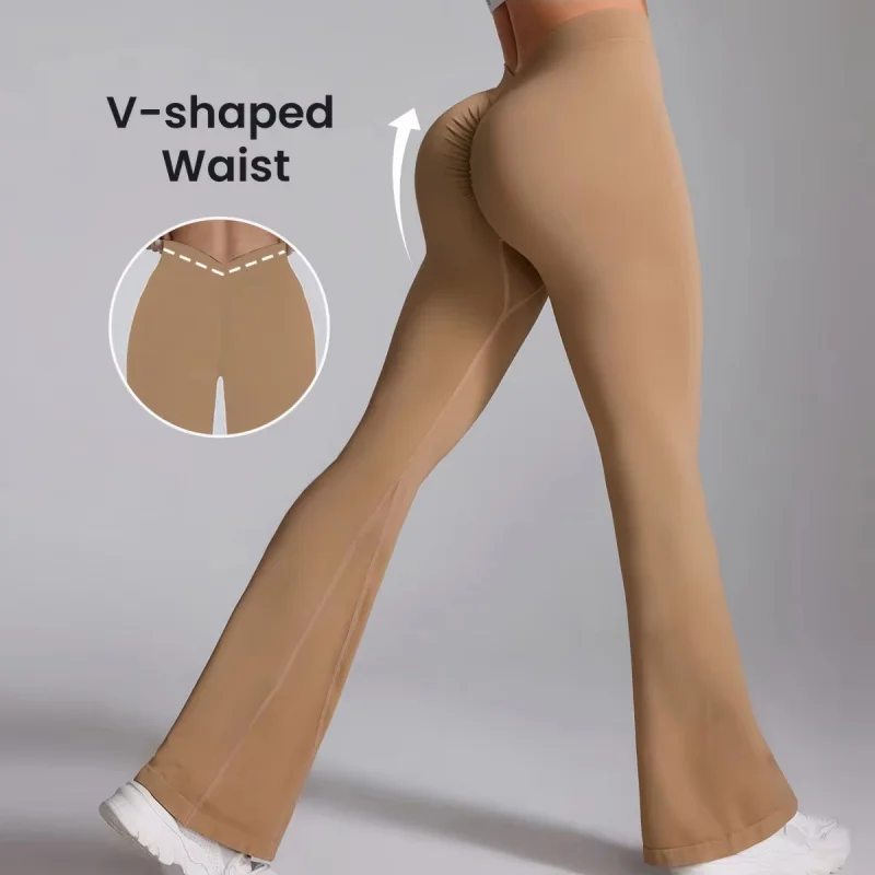 

Новые бесшовные брюки-клеш для йоги с высокой талией и V-образным вырезом, женские модные спортивные брюки с подтяжкой ягодиц, женская спортивная одежда, расклешенные леггинсы для тренировок