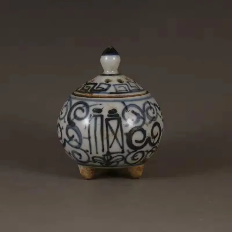 Chinese Blue and White Porcelain Censer Fu Design Tripod Incense Burner 3.54 inch