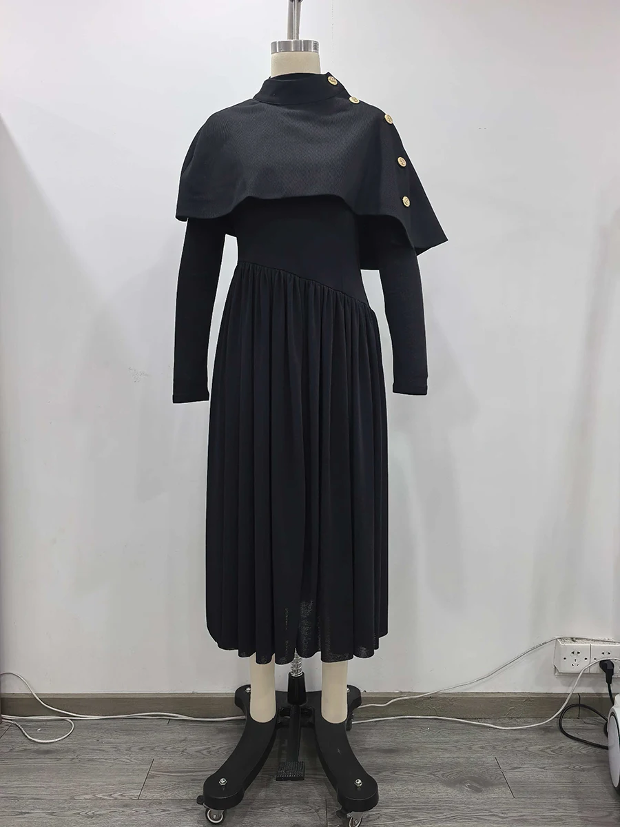 TWOTWINSTYLE الصلبة التخسيس قطعتين مجموعات للنساء س الرقبة تقسم أزرار معدنية شال الوقوف الرقبة طويلة الأكمام فستان مجموعة الإناث #5