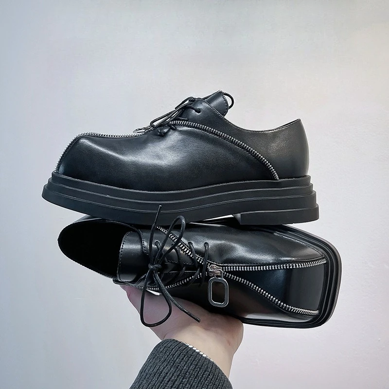 

2025 Latest Square-toe Leather Shoes Increase Punk Trend Zipper Design Male Derby Shoes