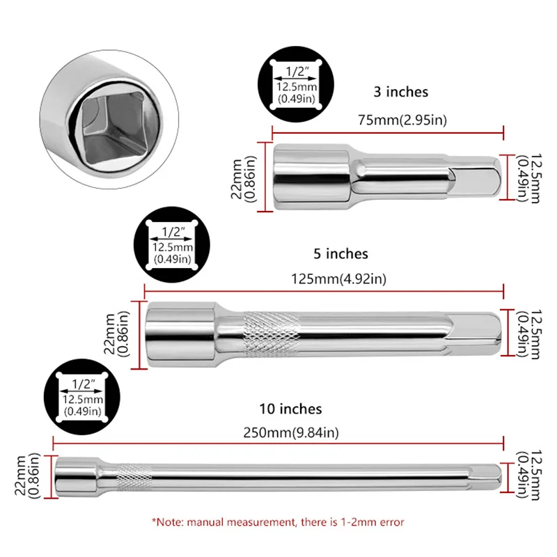 1/2 Socket Ratchet Wrench Extension Bar 75/125/250 mm Long Bar Steering Sleeve Connecting Rod Accessories