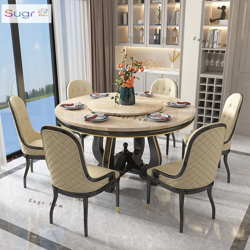 

Marble dining table and chair combination light luxury European solid wood dining table 6 people 8 people round with turntable h