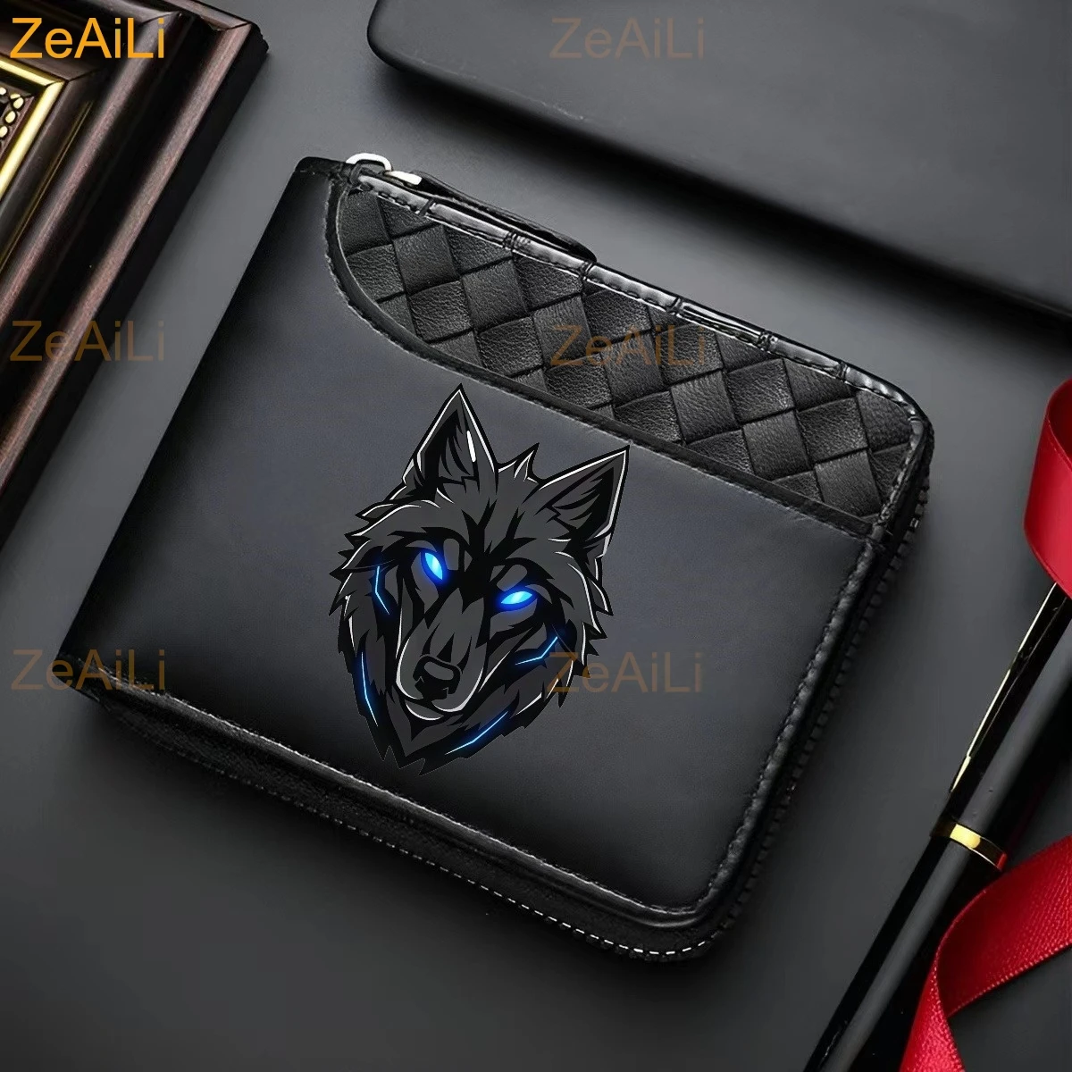 Wolf Head Men's Luxury PU Wallet | Black, Zipper Closure, Multiple Card Slots, Large Capacity, Stitched Design Perfect Gift