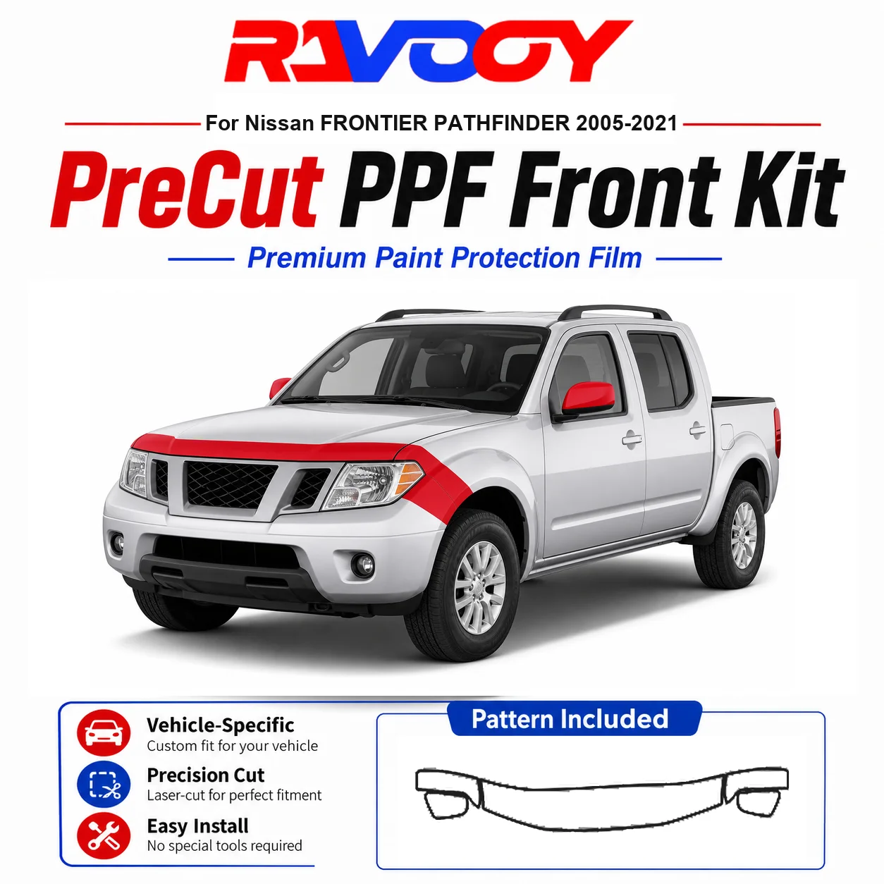 

8.5mil TPU Precut PPF Kit For Nissan FRONTIER PATHFINDER 2005-2021 - Hood, Fenders & Mirror Set - Self-Healing Clear Bra Film