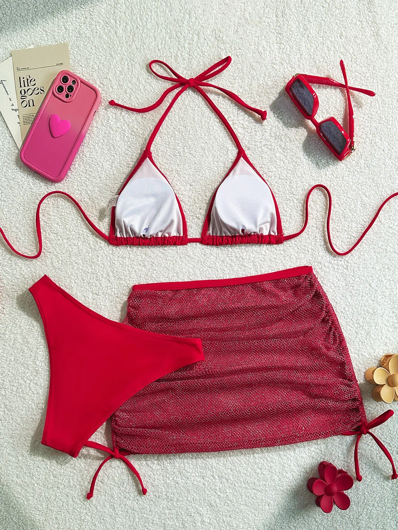 2025 3-teilige Badeanzüge für Damen, einfarbig, Neckholder, Triangel-Bikini, seitlich gebunden, mit Vertuschung, Strandrock, kurzes Minikleid