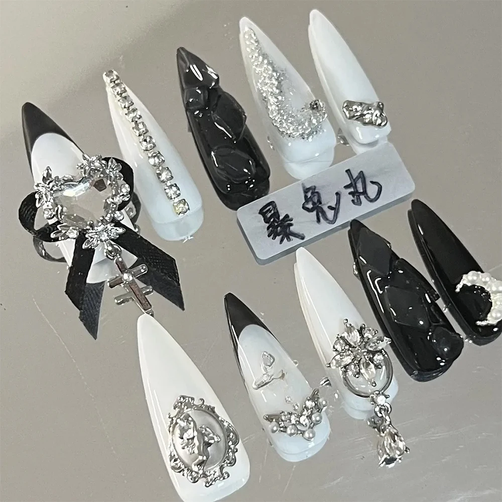 

10PCS Wearable Press on Nails Euro-american Long Coffin Spice Girl Dark Wind Handmade Detachable Reusable Full Cover Nail Tips