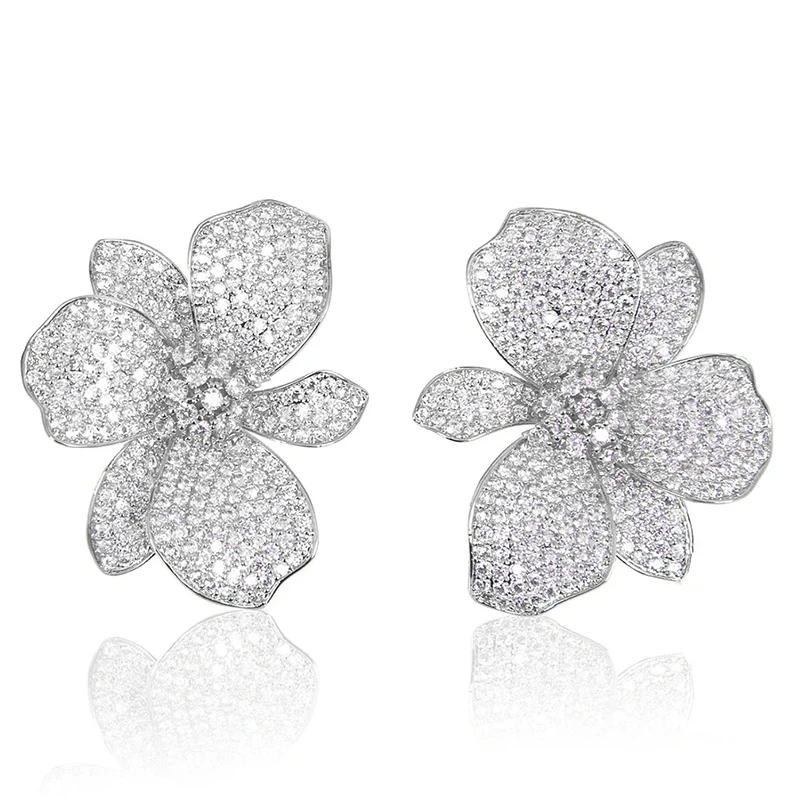 Luxury Zircon Wild Orchid Flower Stud Earrings Pastel Pink Color Gold,Silver Plated Beautiful Women Jewelry for Brides