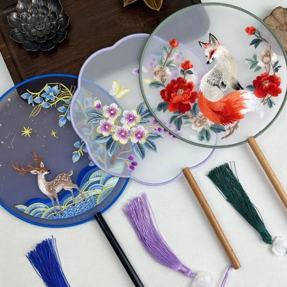 Chinese Style Double Sided Embroidery Fan Semi-Transparent Classical Vintage Hand Fan with Tassel Long Handle Flower Silk Fan