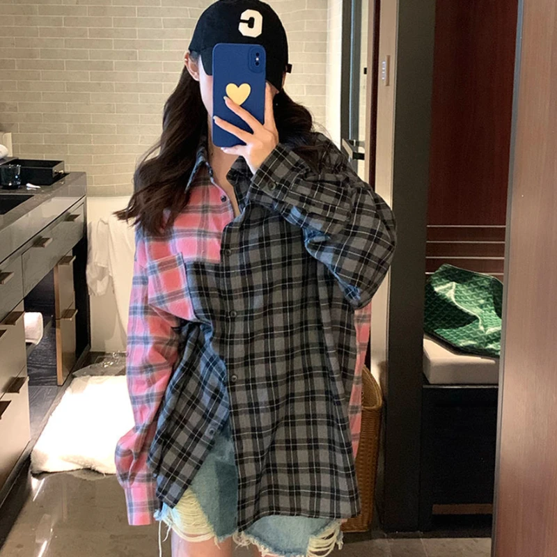 Plaid Long Sleeve Shirts Women Panelled Clothing Harajuku American High Street Y2k Рубашки Teens College Vintage Baggy Hip Hop