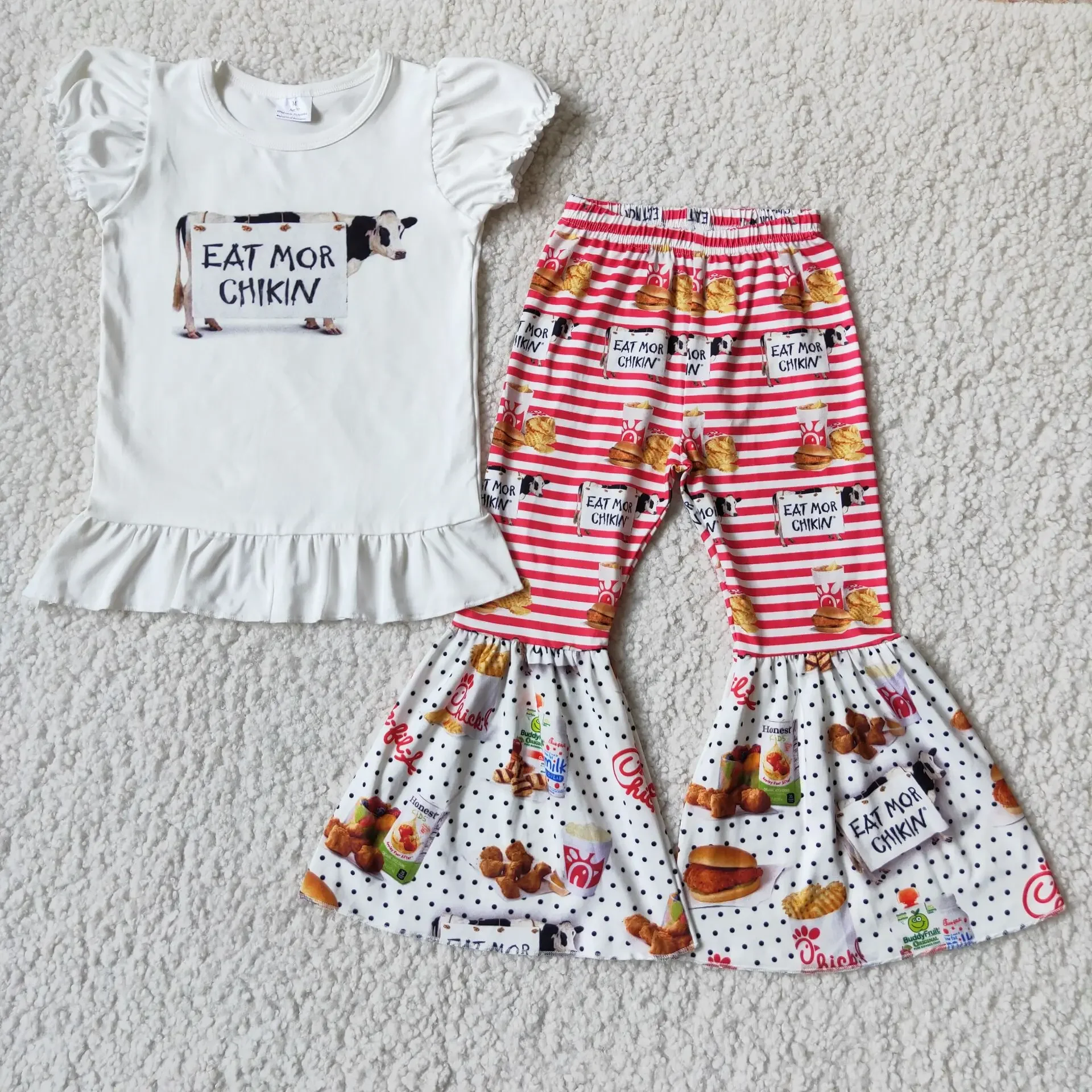 

2022 Hot Selling RTS New Baby Girl Clothing Sets White Letters Tee Shirt Pink Stripes Baby Bell Bottom Boutique Outfit Kids Wear